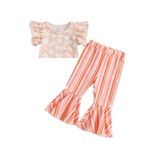 Wassery Toddler Girls Clothes Fly Sleeve Strawberry Floral Graphic Print Tops  Striped Bell Bottoms 2Pcs Infant Baby Summer Casual Outfit Sets 6M-4T