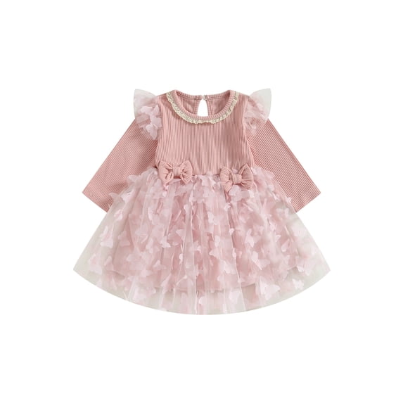 Wassery Toddler Girls Dress Long Sleeve Butterfly Princess Dress Tulle TuTu Dress 6M 12M 18M 2T 3T Infant Baby Girls Autumn Casual A-line Dress for Birthday Party
