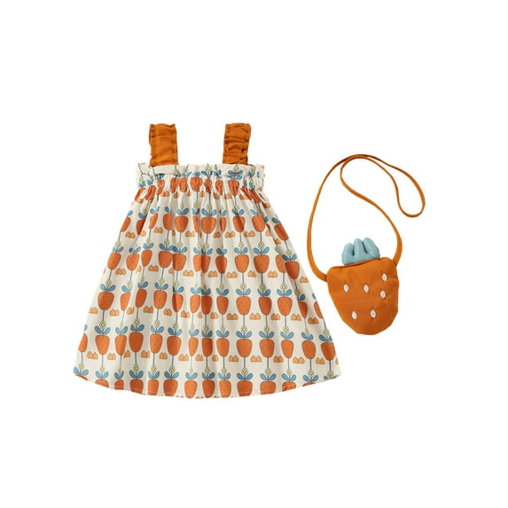 Wassery Toddler Girls Summer Casual Dress 9M 12M 18M 24M 2T 3T Infant Baby Sling Dress Sleeveless Carrot Print Dress with Crossbody Bag