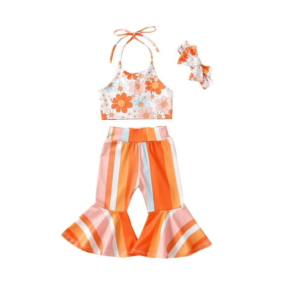 Wassery Toddler Girls Summer Clothes Set 3pcs,Kids Little Girls Sleeveless Hanging Neck Striped Print Vest T-shirt   Orange Long Bell-Bottoms Pants   Bow Head Band,Bohemian Holidays Parties 6M-5T