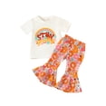 thumbnail image 1 of Wassery Toddler Girls Summer Clothes White Short Sleeve Letter Print T-Shirt + Floral Print Bell-Bottomed Pants 2Pcs Casual Outfit Sets, 1 of 9