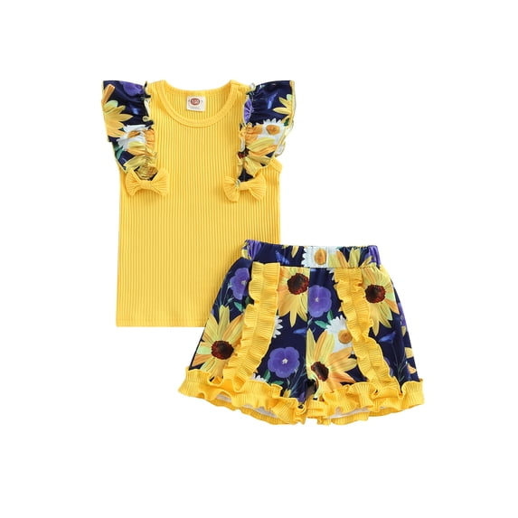 Wassery Toddler Girls Summer Outfit 1T 2T 4T 5T 6T Kids Clothes Casual Ribbed T-shirts Tops Elastic Ruffle Floral Shorts 2PCS Clothing Set