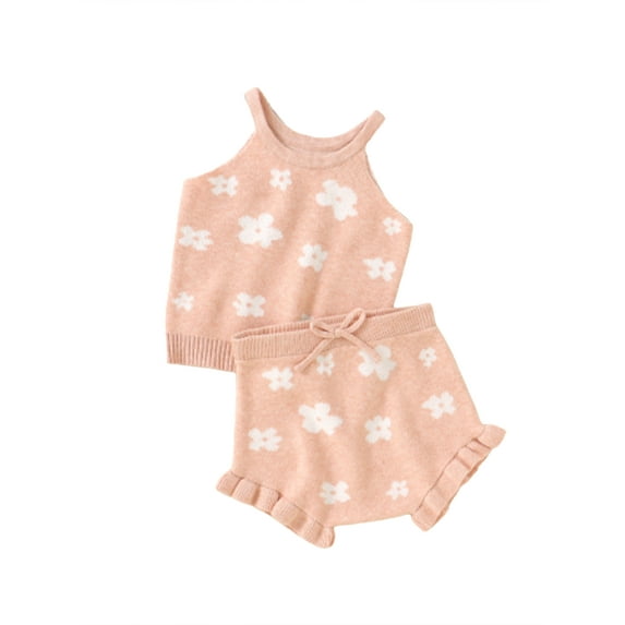 Wassery Toddler Girls Summer Outfit Sets Sleeveless Knit Sling Vest + Floral Drawstring Shorts 6M-3T