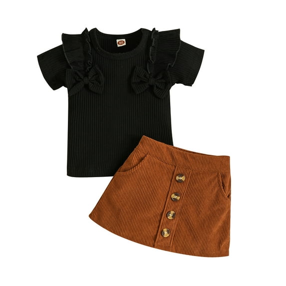 Wassery Toddler Girls Summer Outfit Sets Solid Color Short Sleeve Ruffle Ribbed Knit Shirt Bow Tops + Button Down Corduroy Ribbed Skirt 2Pcs set