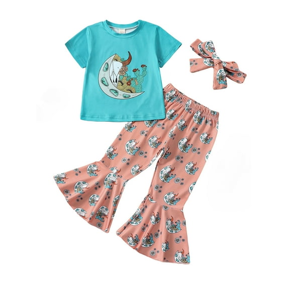 Wassery Toddler Girls Summer Outfits Letters Print Short Sleeve Graphic Tees Tops with Flare Pants and Headband Kids Clothes 3pcs 6M-4T