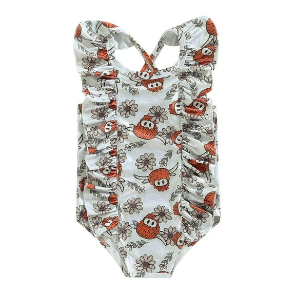 Wassery Toddler Girls Summer Romper Swimsuit Cow Print Ruffle Swimwear Round Neck Ruffle One Piece Rash Guard Bikini Bathing Suit Beachwear 18M-6T