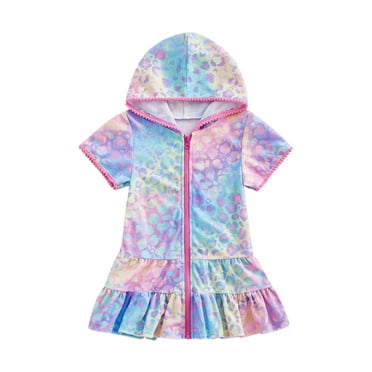 Wassery Toddler Girls Summer Swimwear Cover Up 2 3 4 5 6 7 8 9 10 Years Little Girls Short Sleeve Leopard Print Zipper Hooded Beach Wear