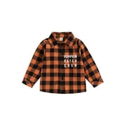 WASSERY Toddler Halloween Clothes Fall Winter Casual Baby Shirts Kids Boys Plaid Shirts Letter Print Turn-Down Collar Long Sleeve Shirts 12M-5T