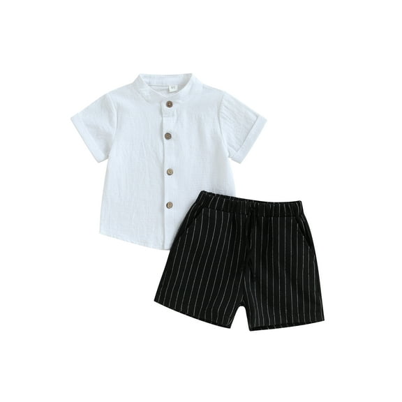 Wassery Toddler Kids Boys Cotton Linen Shorts Set Solid Color Short Sleeve Button Down Shirt Tops and Elastic Waist Stripe 2Pcs Summer Outfit