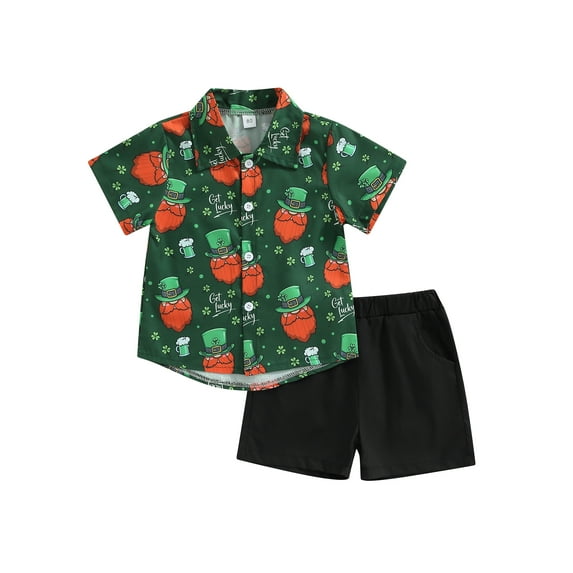 Wassery Toddler Kids Boys Easter Outfits, Shamrock Print Short Sleeve Lapel Shirt + Solid Color Elastic Waist Shorts 2Pcs Set Fashion Boys Summer Clothes 12M-5T