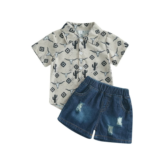 Wassery Toddler Kids Boys ummer Casual Outfit Cactus Bull Head Print Short Sleeve Shirt Tops and Ripped Denim Shorts Set 2pcs Gentleman Clothes 1-6T