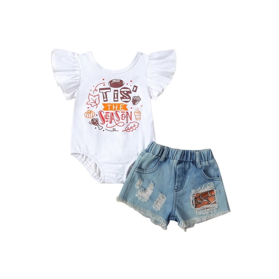 Wassery Toddler Kids Girl 2 Piece Jumpsuit Outfit Rugby Letter Print Rompers and Casual Ripped Denim Shorts Set 1T 2T 3T 4T 5T 6T Little Girls Summer Clothes