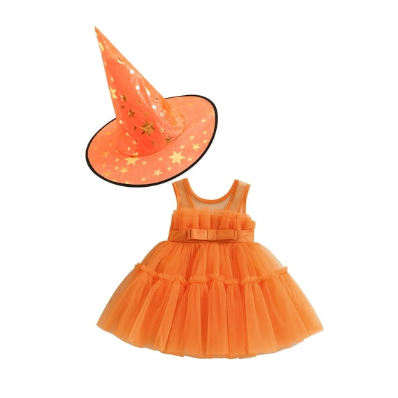 Wassery Toddler Kids Girls Halloween Dress and Witch Hat Sleeveless Tulle Tutu Princess Dress 2Pcs Cosplay Party Outfits