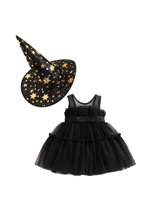 Toddler Kids Girls Halloween Dress and Witch Hat Sleeveless Tulle Tutu Princess Dress 2Pcs Cosplay Party Outfits