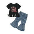 thumbnail image 1 of Wassery Toddler Kids Girls Summer Outfits 12M 18M 24M 3T 4T 5T Infant Girls Clothes Sets Short Sleeve Crew Neck Letters Print T-shirt with Denim Flare Pants Set 2Pcs 12M-5T, 1 of 9