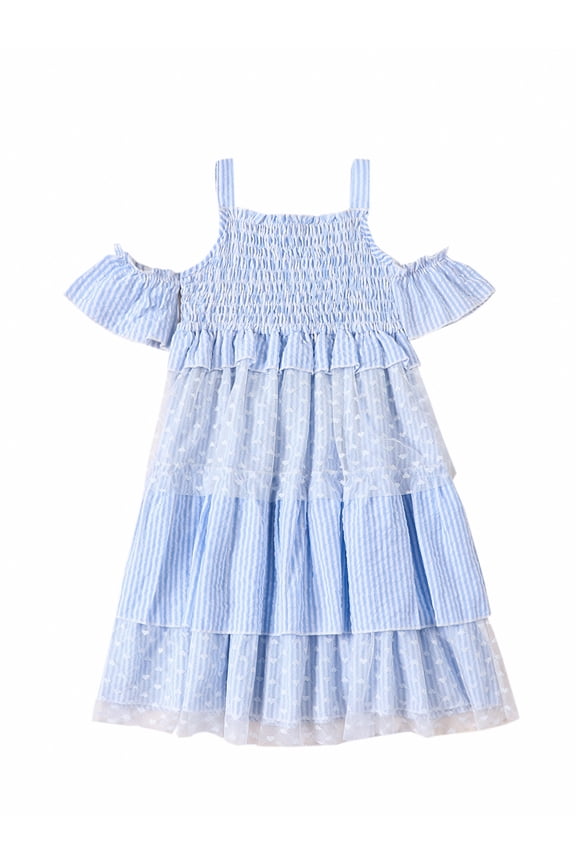 Toddler Kids Girls Summer Sling Dress 2T 3T 4T 5T 6T 7T Little Girls White Sleeveless Cold Shoulder Mesh Patchwork A-Line Princess Dress