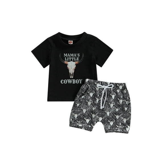 Wassery Toddler Western Baby Boy Summer Clothes 6M 12M 2T 3T Infant Letter Shirts Short Sleeve T-Shirts Top Cow Head Print Shorts 2Pcs Set