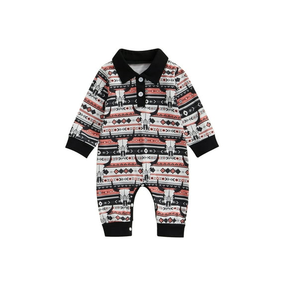 Wassery Western Baby Boy Fall Clothes 3 6 12 18 Months Infant Cow Print Long Sleeve Button Polo Romper Jumpsuit One Piece Outfits Cowboy Country Clothing 0-18M