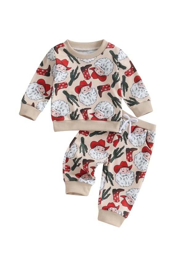 Western Baby Boy Girl Christmas Clothes Santa Claus Print Sweatshirt Pullover Top Jogger Pants Set 2Pcs Toddler Boy Girl Fall Winter Outfits