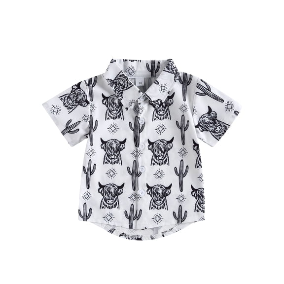 Wassery Western Baby Boys Clothes Bull Print Shirt Short Sleeve Lapel Shirt Boho Cowboy Tops Toddler Gentleman Summer Outfits 6M-4T