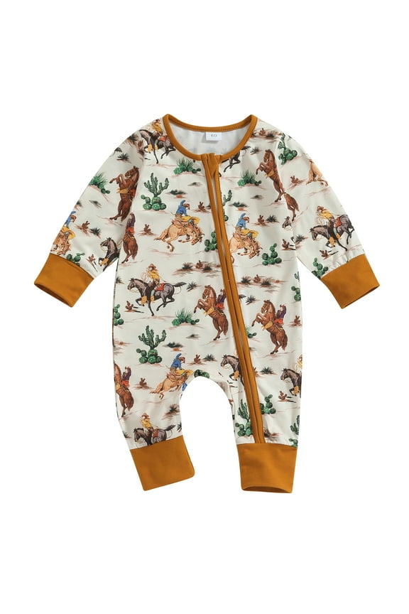 Western Baby Boys Jumpsuit Long Sleeve Cow/Horse Print Zipped Romper Bodysuits Newborn Autumn Country Cowboy Coming Home Clothes