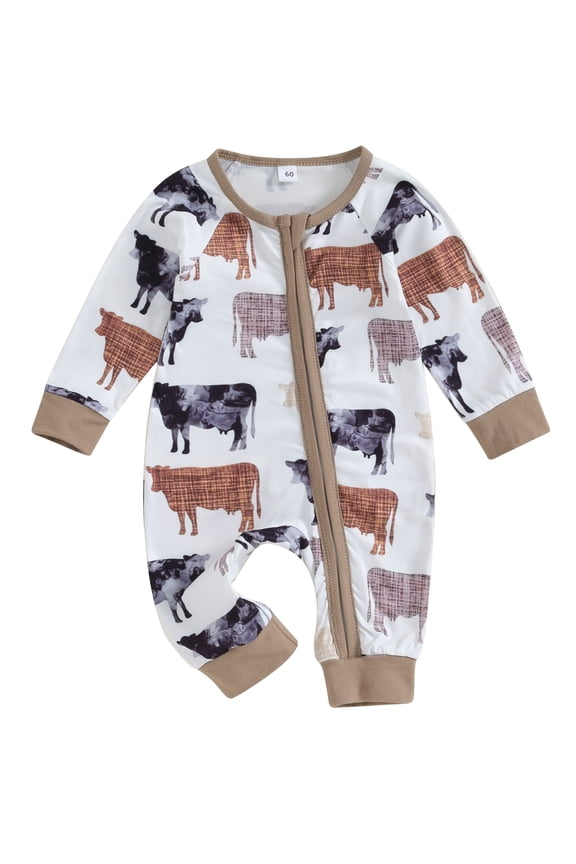 Western Baby Girls Jumpsuits Infant Girl Crewneck Long Sleeve Cattle Print Oblique Zipper Rompers Cowgirl Fall One Piece Clothes