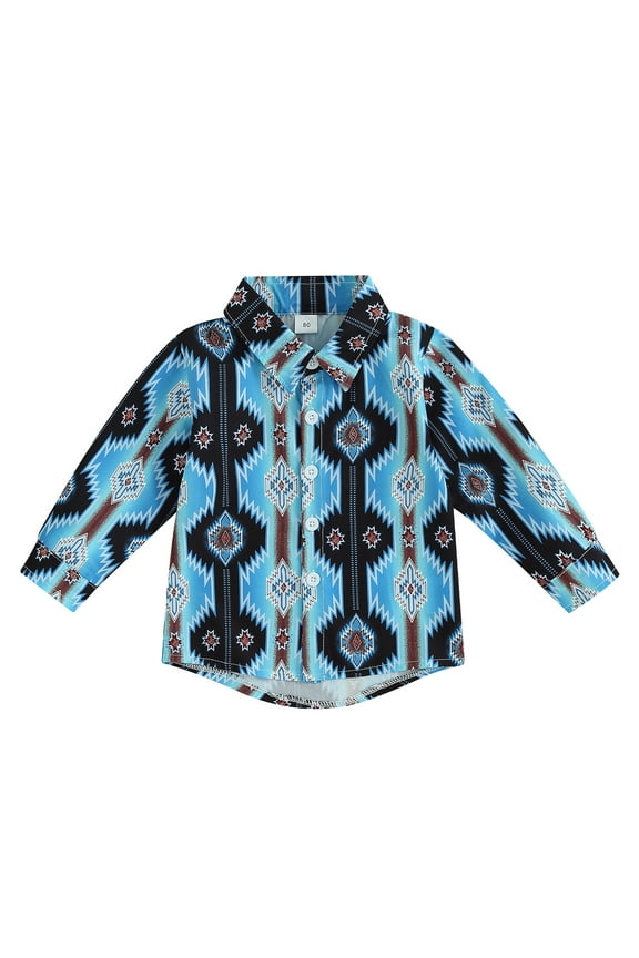 Western Toddler Autumn Clothes 6M 12M 18M 24M 3T 4T Baby Boy Long Sleeve Lapel Pattern Print Shirt Tops Cowboy Country Clothing 6M-4T