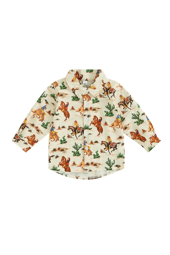 Western Toddler Autumn Clothes 6M 12M 18M 24M 3T 4T Baby Boy Long Sleeve Turn-Down Collar Button-Down Shirt Tops Cowboy Country Clothing 6M-4T