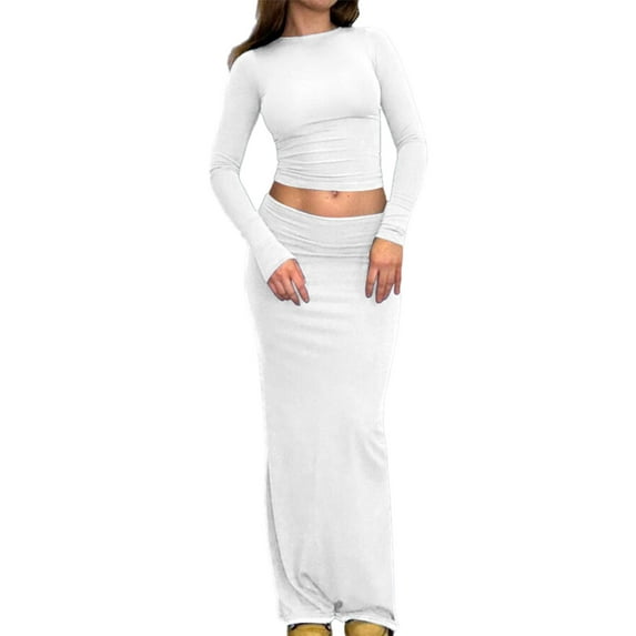 Wassery Women 2 Pieces Skirts Outfits Crew Neck Long Sleeve Bodycon Tops Packaged Hip Long Skirts Fall Clothes Set Streetwear Clubwear