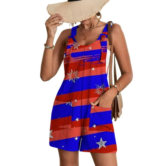 Wassery Women 4th of July Shorts Jumpsuit Star Stripe Printed Sleeveless Wide Leg Bodysuits Independence Day Clothing
