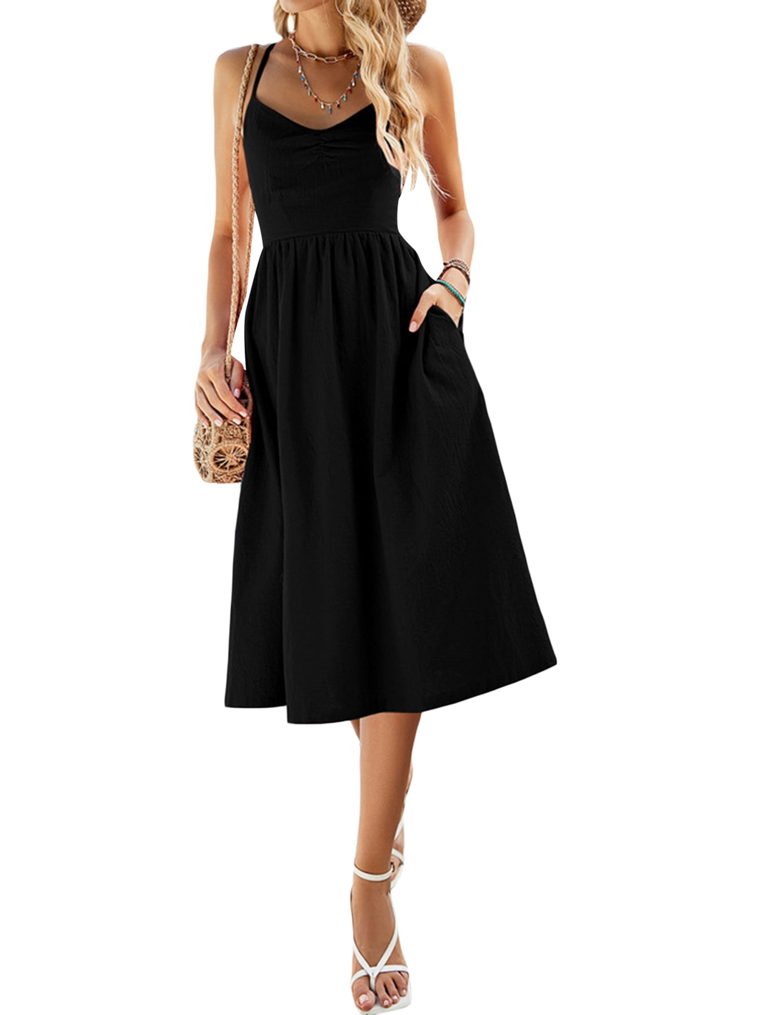 Wassery Women Backless Tie Back Cami Midi Dress Spaghetti Straps Ruched Sleeveless V Neck Dresses with Pockets Streetwear - Walmart.com Wassery Women Backless Tie Back Cami Midi Dress Spaghetti Straps Ruched Sleeveless V Neck Dresses with Pockets Streetwear - Walmart.com