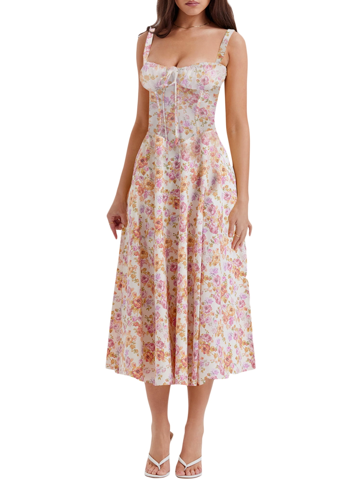 Wassery Women Boho Corset Maxi Dress Square Neck Low Cut
