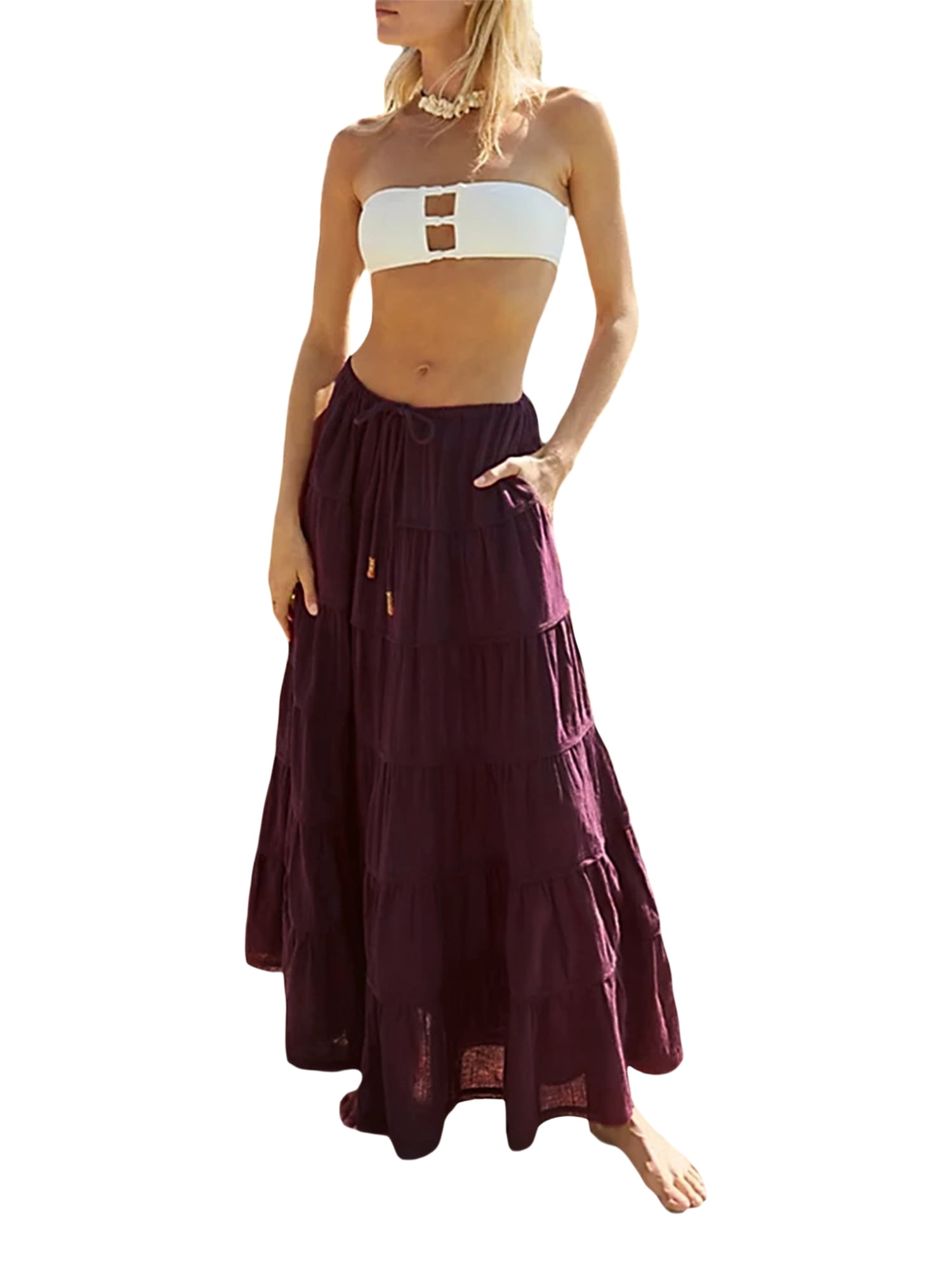 Gray A-Line Maxi Linen Skirt For Women 2822