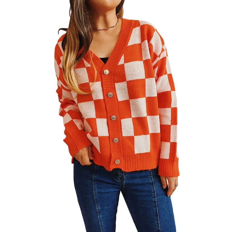 New V-Neck Long-Sleeved Loose Plaid Sweater Coat New V-Neck Long-Sleeved Loose Plaid Sweater Coat