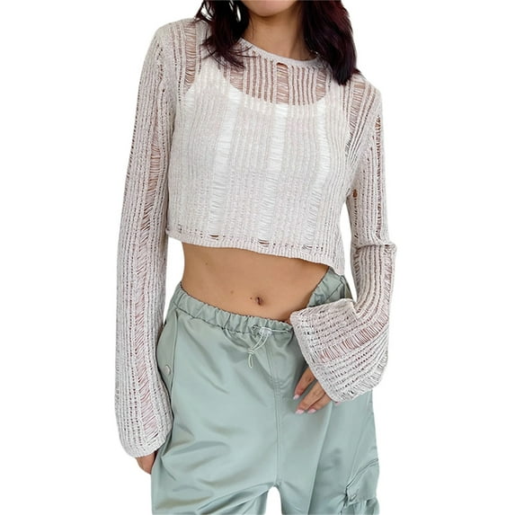 Wassery Women Hollow Out Crochet Knit Sweater Long Sleeve Knitted Crop Top Beach Mesh Cover Up Tunic Top Streetwear