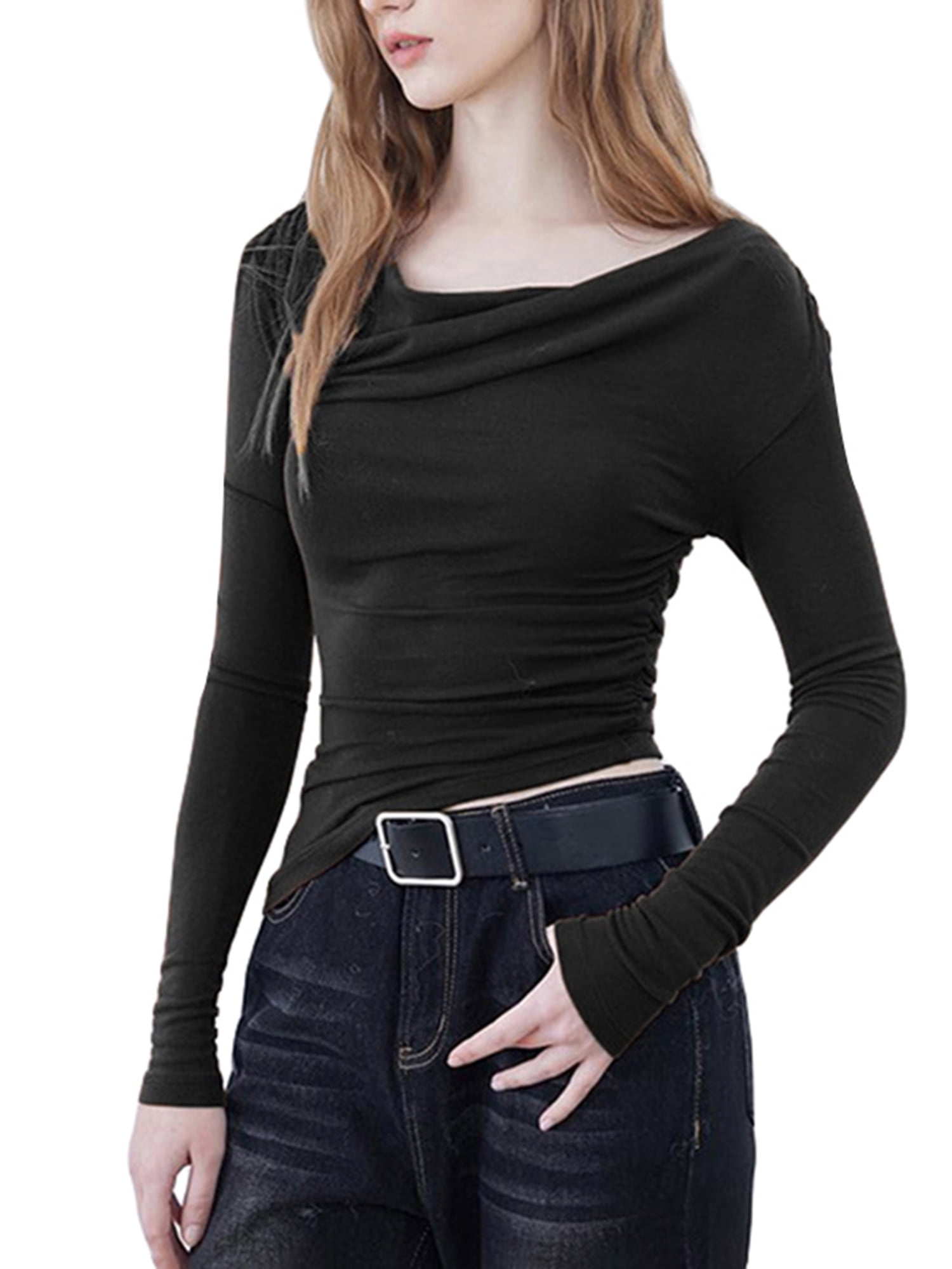 Wassery Women Irregular Oblique Shoulder T-Shirts Solid Wassery Women Irregular Oblique Shoulder T-Shirts Solid