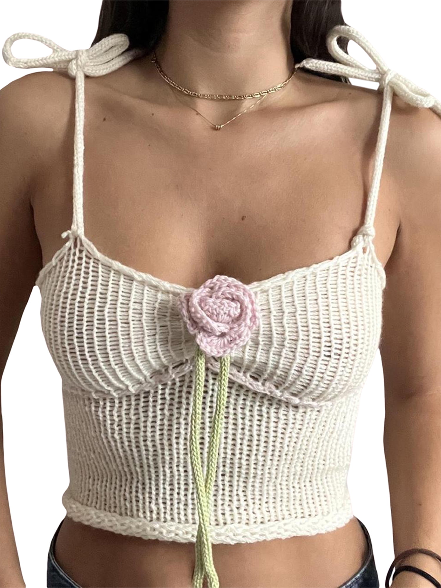 Wassery Women Juniors Crochet Knit Crop Cami Tops 3D Floral Wassery Women Juniors Crochet Knit Crop Cami Tops 3D Floral