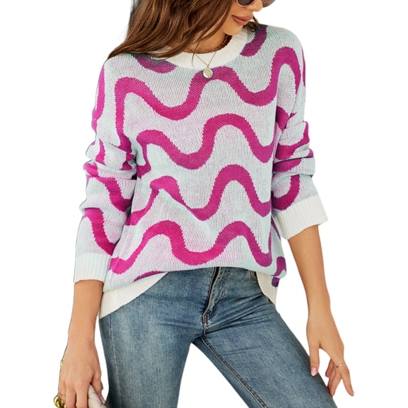Wassery Women Loose Knit Sweater Contrast Color Long Sleeve Pullovers Tops Spring Fall Crew Neck Jumpers Streetwear