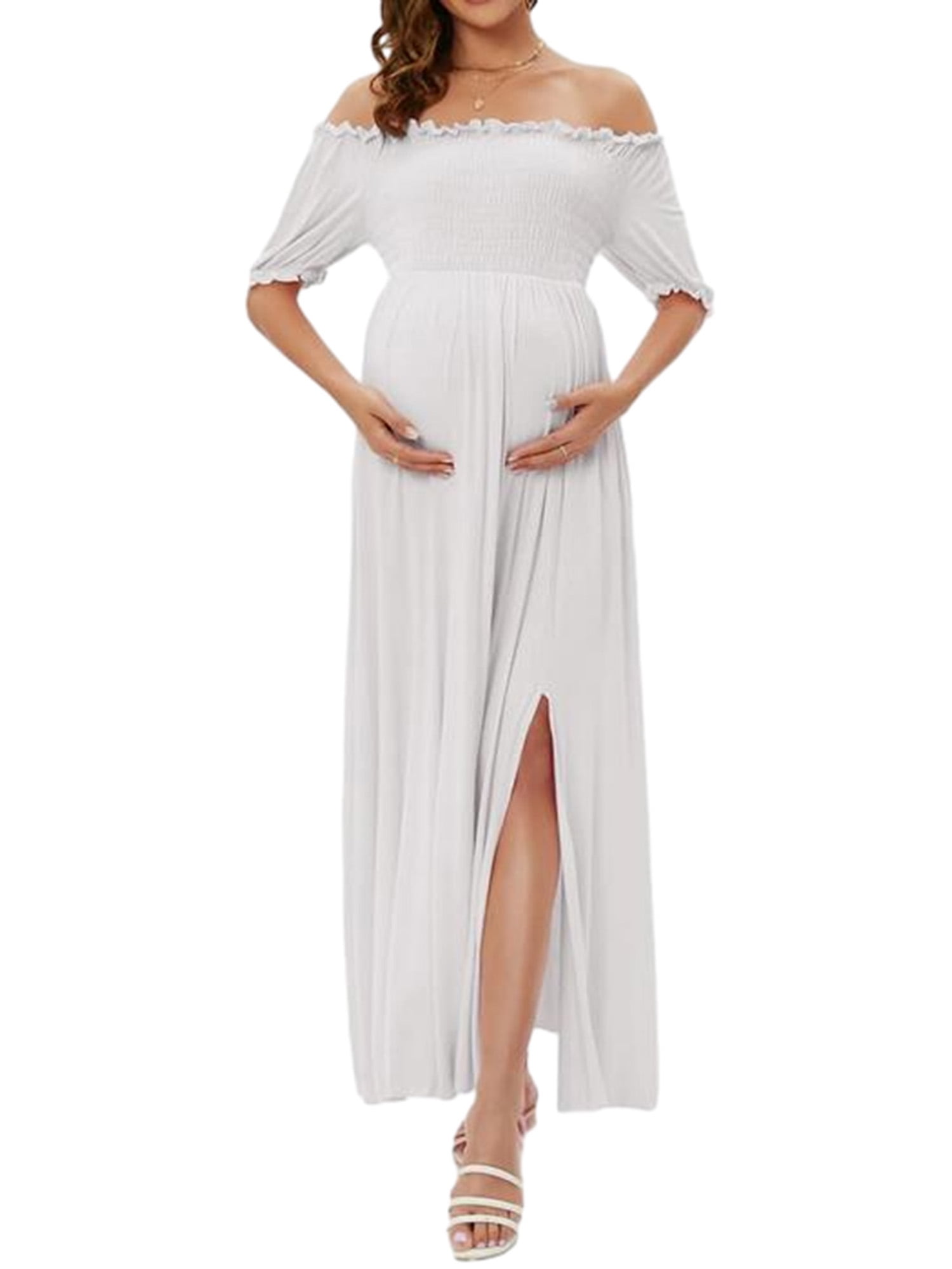 Wassery Women Maternity OffShoulder Long Dress Solid Color/Flora Long