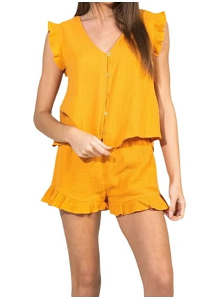 Lisingtool Pajamas for Women Set Women Casual Sleepwear V Neck Sunflower  Camisole Top Ruffle Shorts Pajama Set Home Set Pajama Pants Yellow 