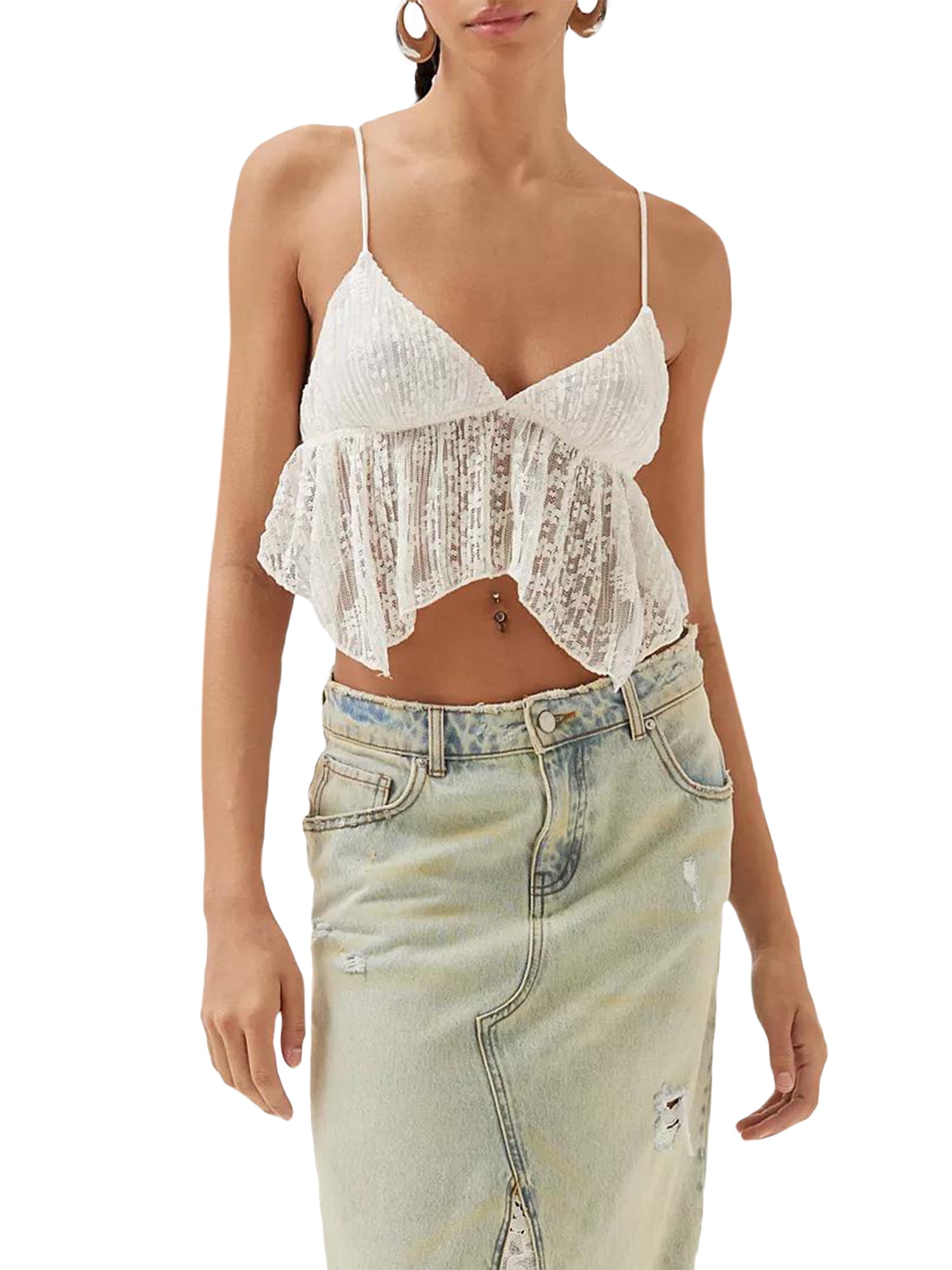 Wassery Women Sexy Cami Top Spaghetti Strap Lace Trim Sheer Mesh See  Through Sleeveless Crop Tops Going Out Tank T Shirt 
