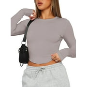 Wassery Women Slim Fit Crop Tops Juniors Long Sleeve Round Neck Basic T-Shirt Solid Color Casual Base Tees Teen Girls Curved Hem Pullover Tops
