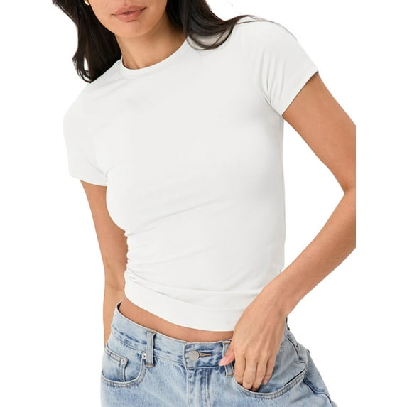 Wassery Women Solid Basic Tops Short Sleeve Crew Neck T-shirts Summer Casual Slim Fit T-shirts Tight Crop Streetwear S/ M/ L