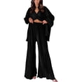 thumbnail image 1 of Wassery Women Spring Fall Pants Outfits Long Sleeve Turn-Down Collar Loose Shirts Elastic Waist Wide-Leg Long Palazzo Pants 2 Pieces Casual Lounge Pants Set, 1 of 8