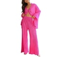 thumbnail image 1 of Wassery Women Spring Fall Pants Outfits Long Sleeve Turn-Down Collar Loose Shirts Elastic Waist Wide-Leg Long Palazzo Pants 2 Pieces Casual Lounge Pants Set, 1 of 7