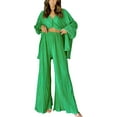 thumbnail image 1 of Wassery Women Spring Fall Pants Outfits Long Sleeve Turn-Down Collar Loose Shirts Elastic Waist Wide-Leg Long Palazzo Pants 2 Pieces Casual Lounge Pants Set, 1 of 8