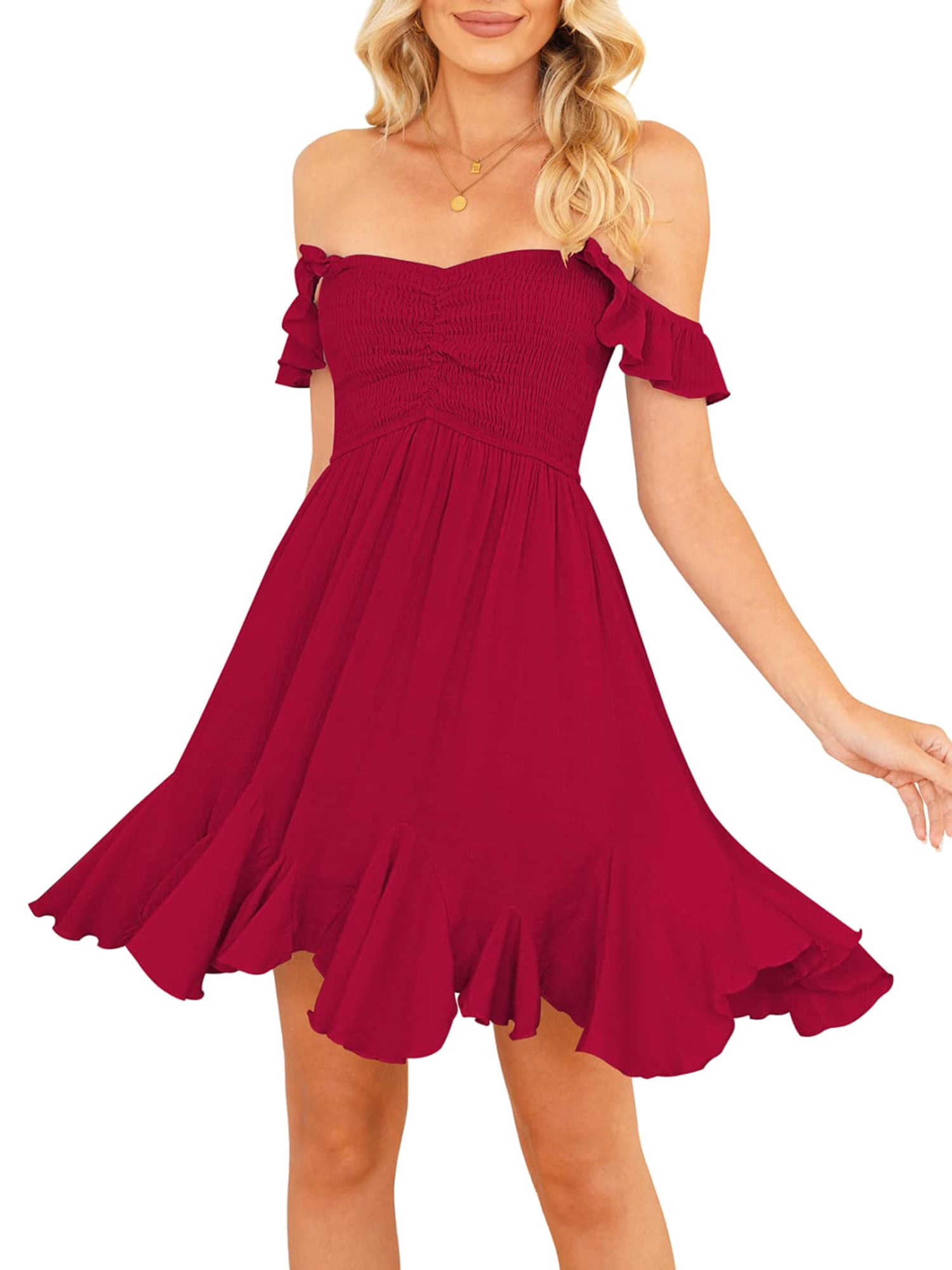 Wassery Women Summer Casual A line Dress Off Shoulder Backless Party Dress Solid Color Boat Neck Mini Dress