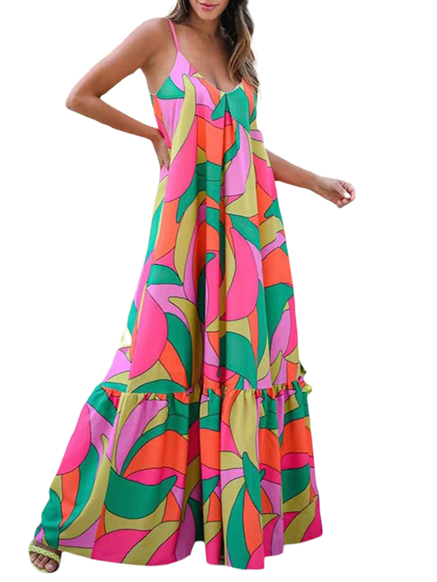 Wassery Women Summer Casual Long Dress Colorful VNeck Sleeveless