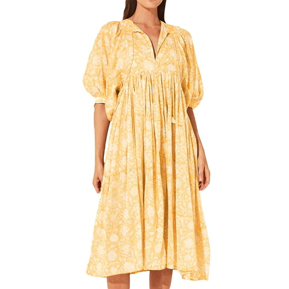 Wassery Women Summer Casual Mini Dress Floral Print Tie-Up Half Sleeve Puff Sleeve Loose Dress Fashion Baggy Dress
