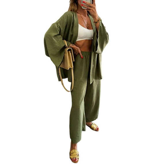Wassery Women Two Piece Loungewear Outfits Solid Color Long Sleeve Cardigan Elastic Waist Wide-Leg Long Pants Fall Casual Clothes